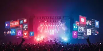 Concert stage lights blending with streaming platform interfaces, illustrating the digital impact of live music tours.