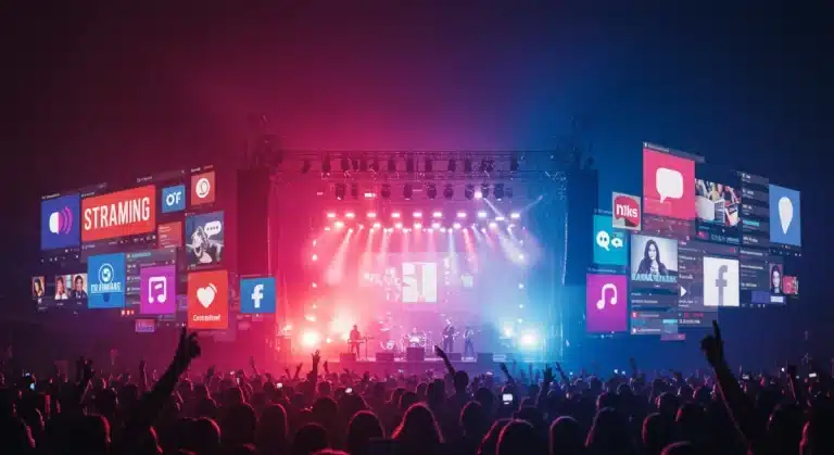 Concert stage lights blending with streaming platform interfaces, illustrating the digital impact of live music tours.