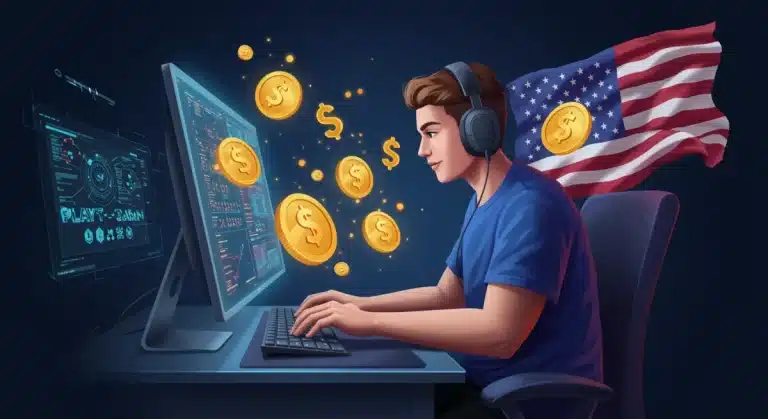 US gamer earning money from Play-to-Earn gaming on a computer