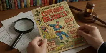 Vintage comic book with 2026 copyright stamp and legal documents