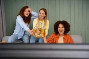 a group of woman happy with TV show renewals.