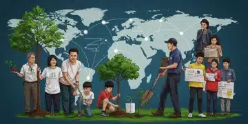 Illustration of diverse celebrities engaged in impactful global philanthropy, symbolizing future trends.