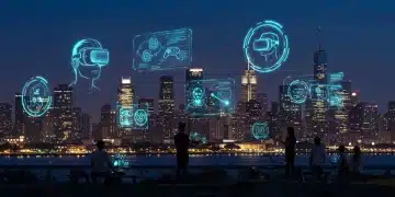 Futuristic cityscape with holographic interactive entertainment projections
