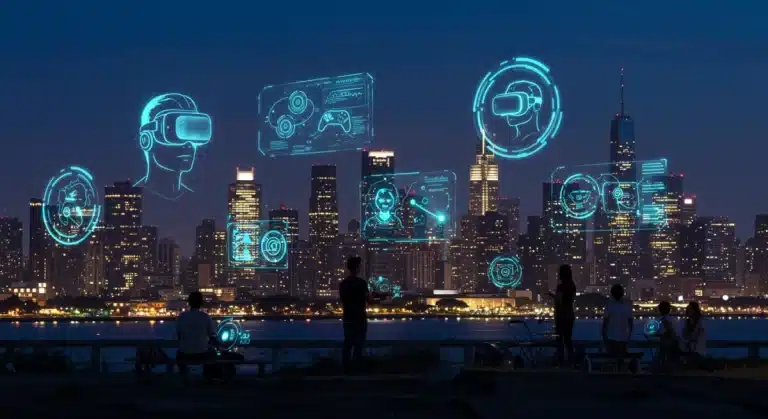 Futuristic cityscape with holographic interactive entertainment projections