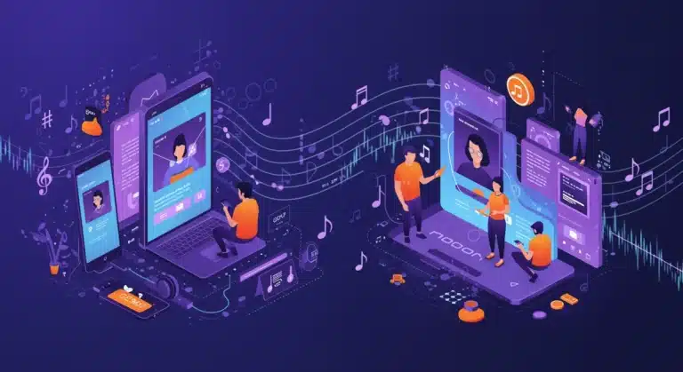 Gen Z engaging with futuristic music streaming platforms in 2026, vibrant and dynamic.