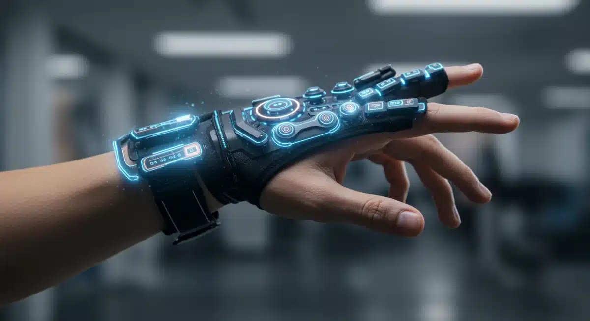 Hand interacting with a haptic feedback glove for immersive digital experience