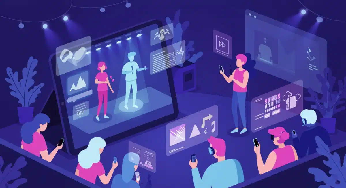 Gen Z experiencing immersive virtual music concert with augmented reality features.