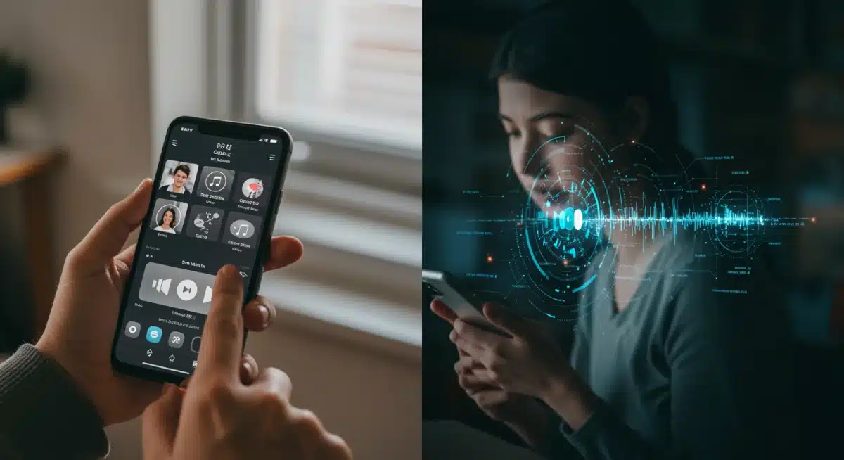Gen Z user interacting with social music features and personalized playlists on a streaming app.