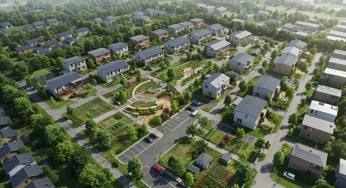 Sustainable community project with solar panels and gardens, reflecting environmental philanthropy.