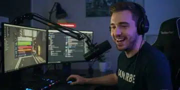 US game streamer engaging with audience on a professional setup