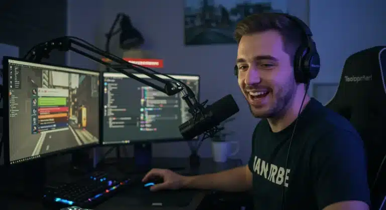 US game streamer engaging with audience on a professional setup