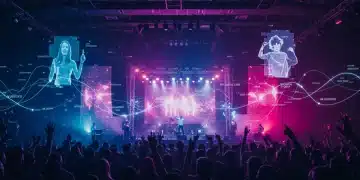 Futuristic concert stage with holographic algorithms influencing artist popularity in 2026 music industry shift.