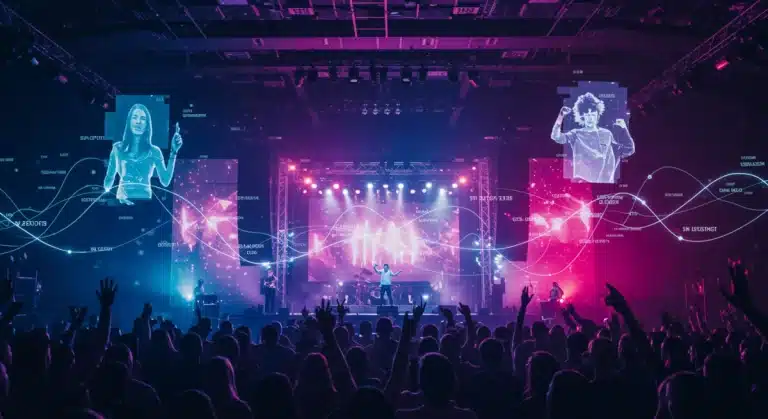 Futuristic concert stage with holographic algorithms influencing artist popularity in 2026 music industry shift.