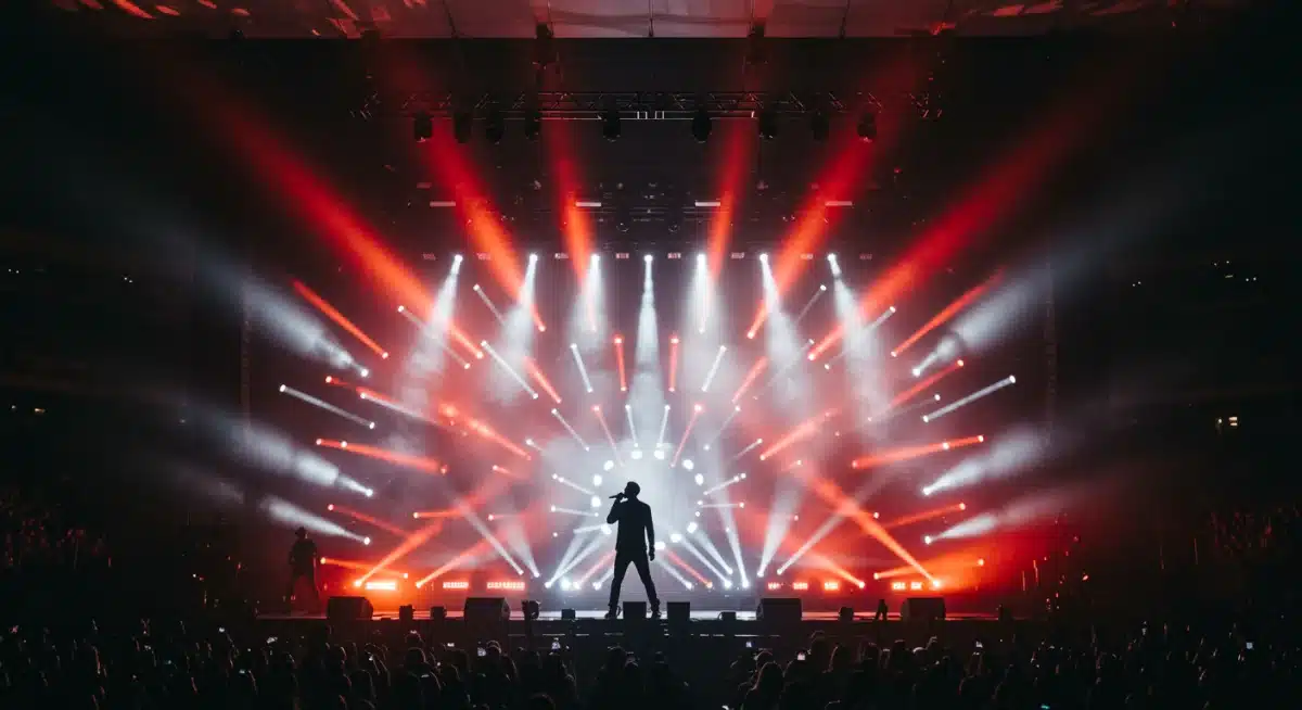 Pop star silhouette on stage with dynamic lighting, symbolizing anticipation for new album releases.