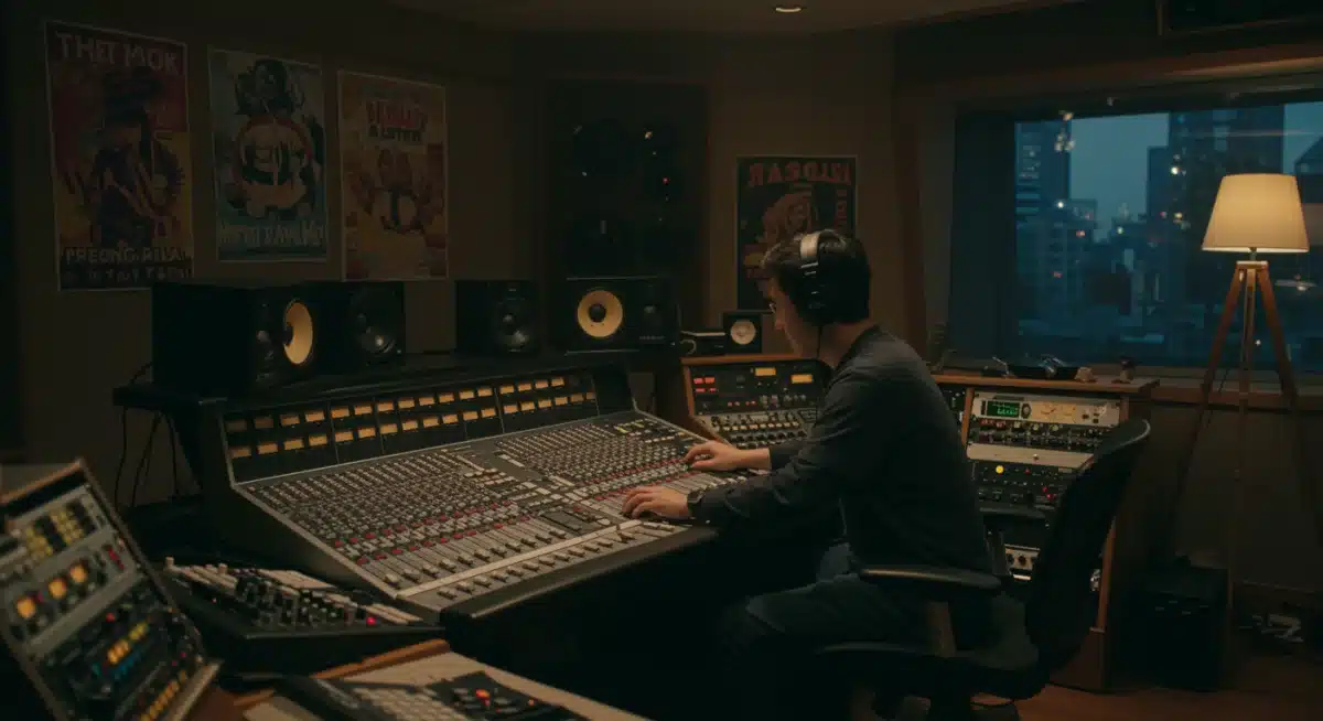 Recording studio with mixing board, representing the creative process of upcoming music albums.