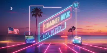 Futuristic album art with neon lights, representing diverse Summer 2026 music releases for U.S. fans.