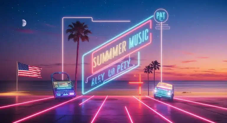 Futuristic album art with neon lights, representing diverse Summer 2026 music releases for U.S. fans.