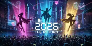 Three iconic pop stars silhouetted under spotlights, symbolizing their 2026 comeback to the music industry.