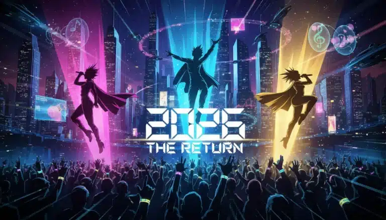Three iconic pop stars silhouetted under spotlights, symbolizing their 2026 comeback to the music industry.