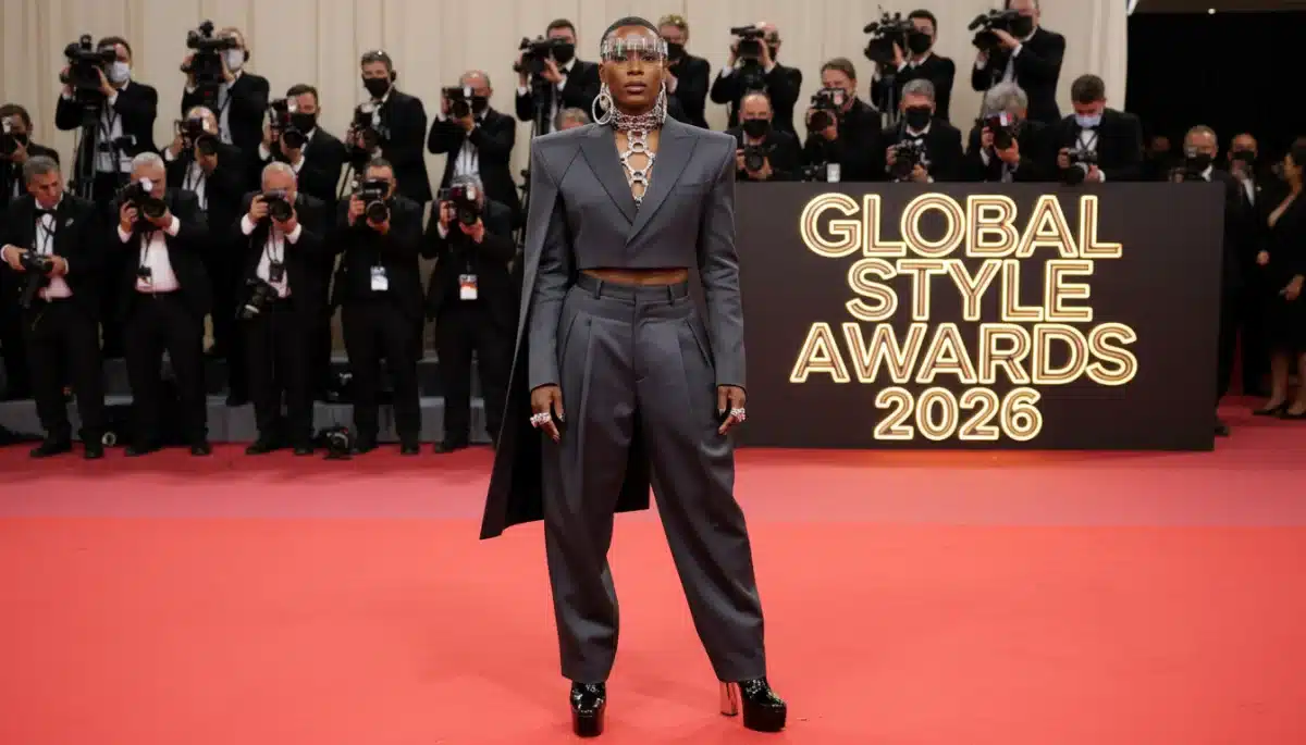 Gender-neutral tailored ensemble, bold red carpet statement