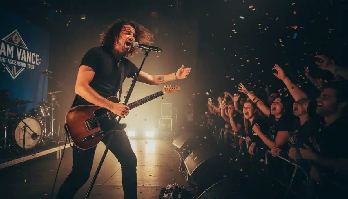 Liam Vance electrifying the crowd during a sold-out concert, a testament to his sudden rise.