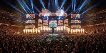Dynamic concert performance by a music icon, highlighting tour profits and fan engagement.