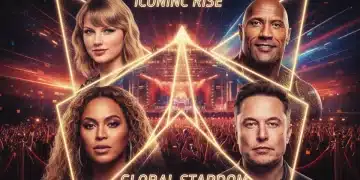 Four diverse celebrities, newly famous, smiling brightly on a red carpet with flashing lights.