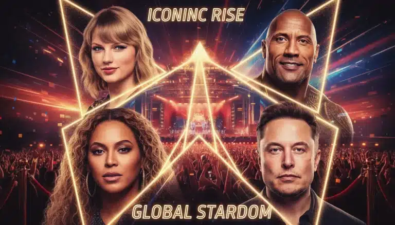 Four diverse celebrities, newly famous, smiling brightly on a red carpet with flashing lights.