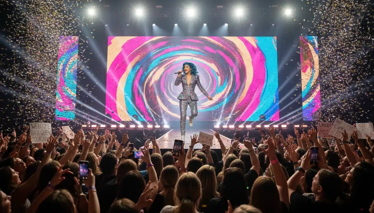 Pop star performing live on stage, connecting with an enthusiastic audience during a comeback concert.