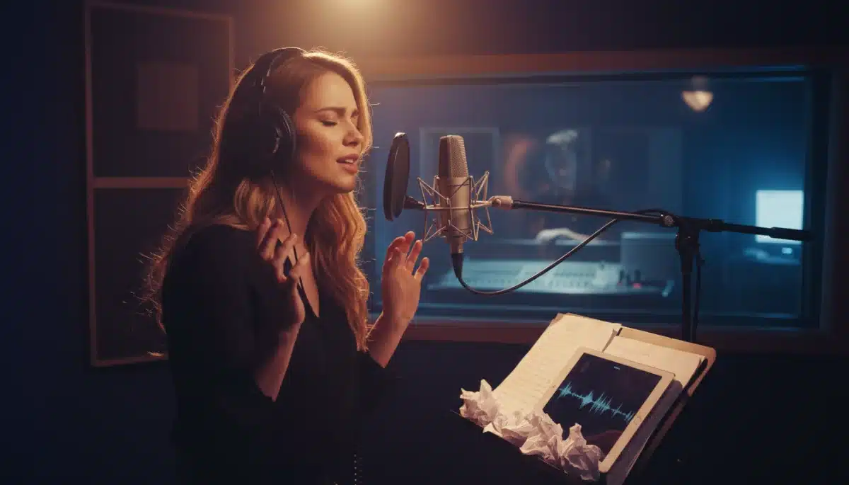 Pop star recording new music in a professional studio, focused on their creative process for an upcoming release.