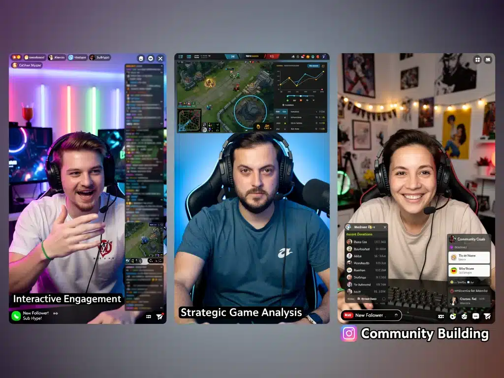 Three US gaming streamers demonstrating advanced engagement and analysis techniques.