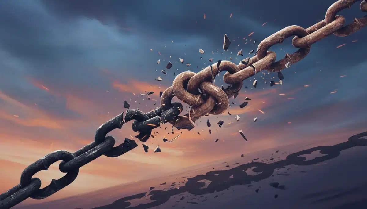 Two broken intertwined chains symbolizing a fractured relationship or partnership