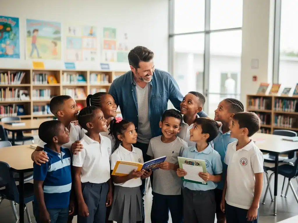 Celebrity interacting with children at a new educational facility funded by their charity.
