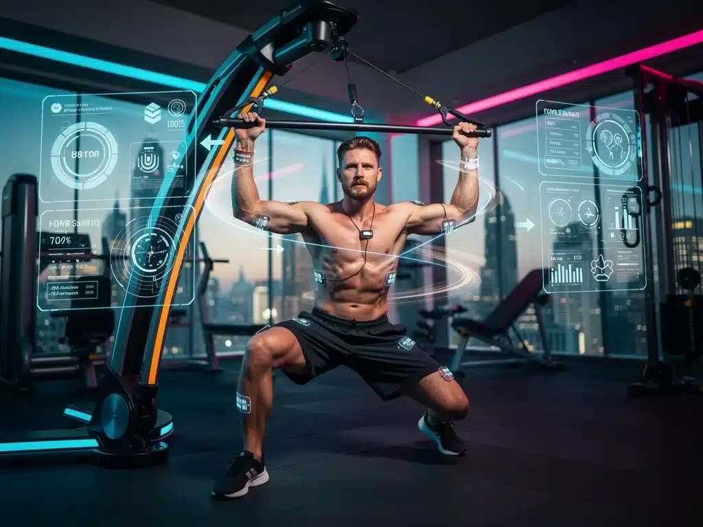 Celebrity engaged in a futuristic, high-intensity workout, showcasing advanced physical fitness trends for 2026.