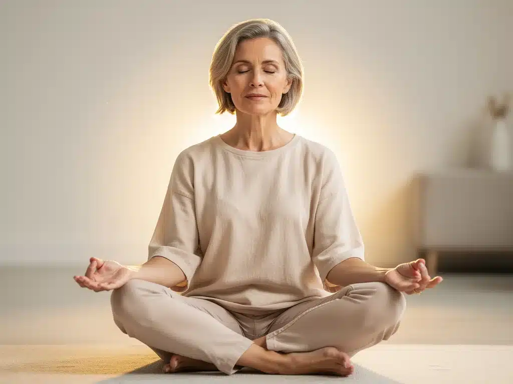 Celebrity meditating calmly, embodying mental wellness and mindfulness practices for 2026.