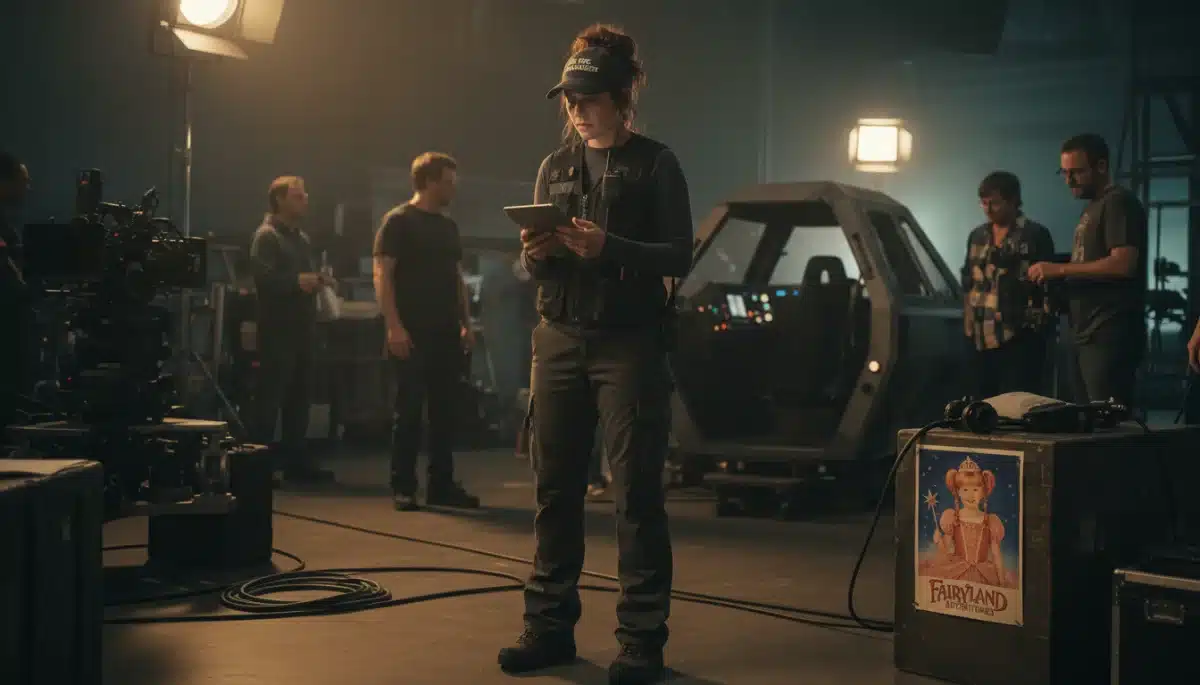 Former child actress working behind the scenes in a film studio, demonstrating a career pivot.