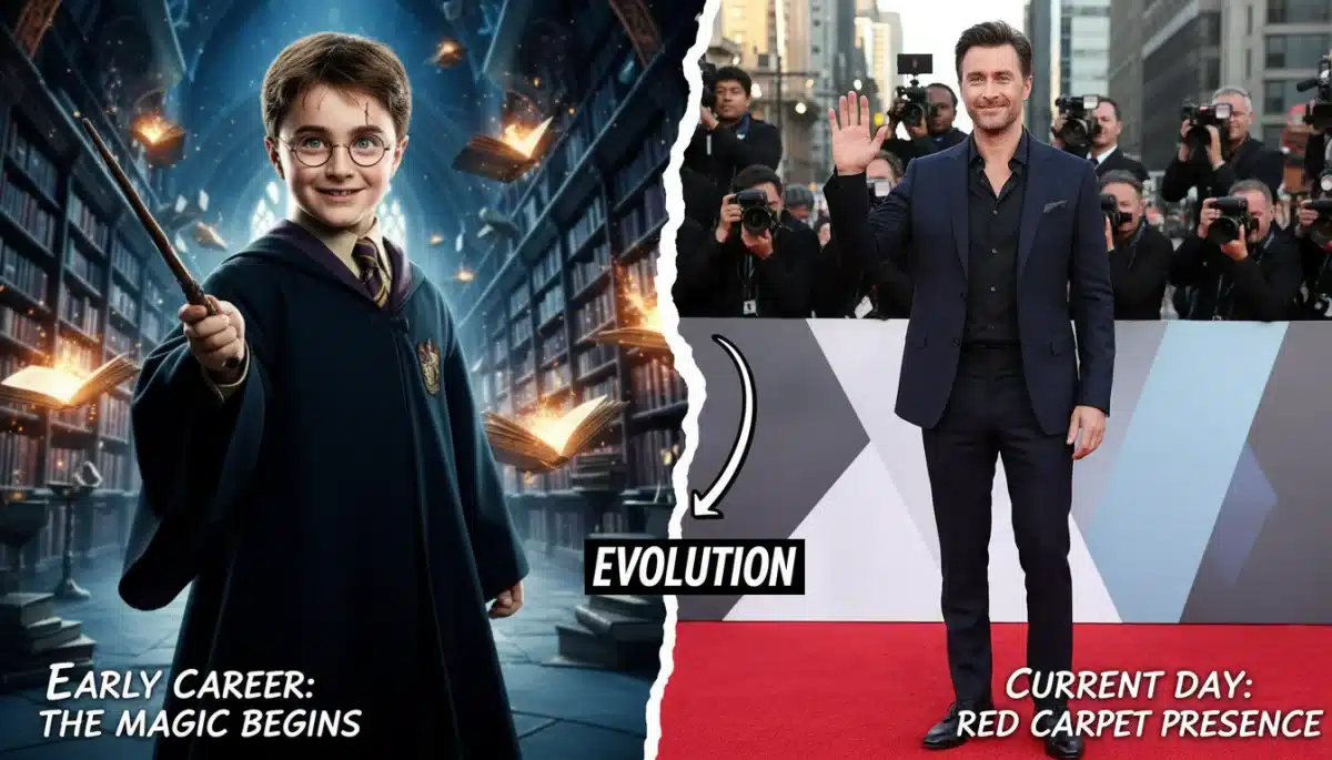 Collage of an actor's journey from child star to adult celebrity, illustrating significant career and personal evolution.