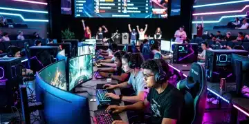College students competing in a modern esports arena, highlighting collegiate esports scholarships.