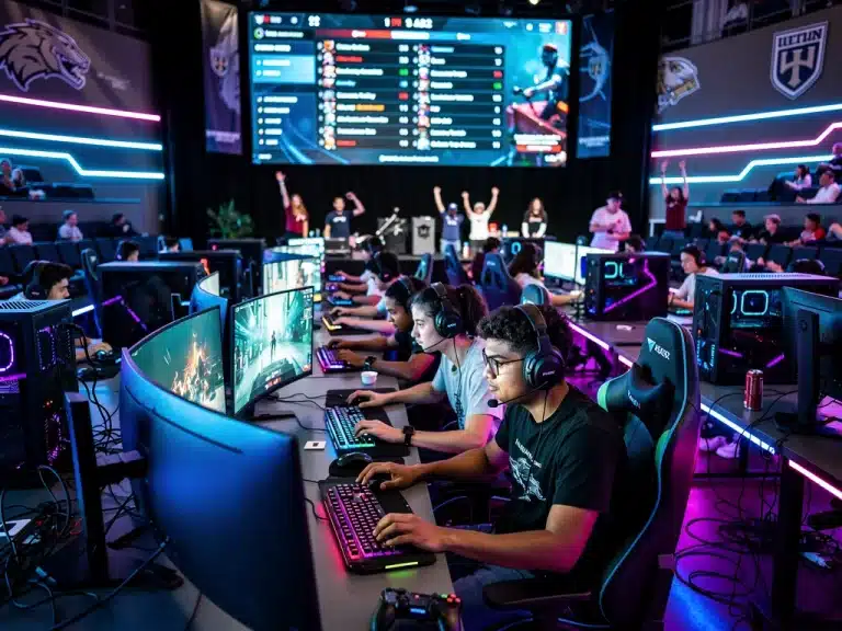 College students competing in a modern esports arena, highlighting collegiate esports scholarships.