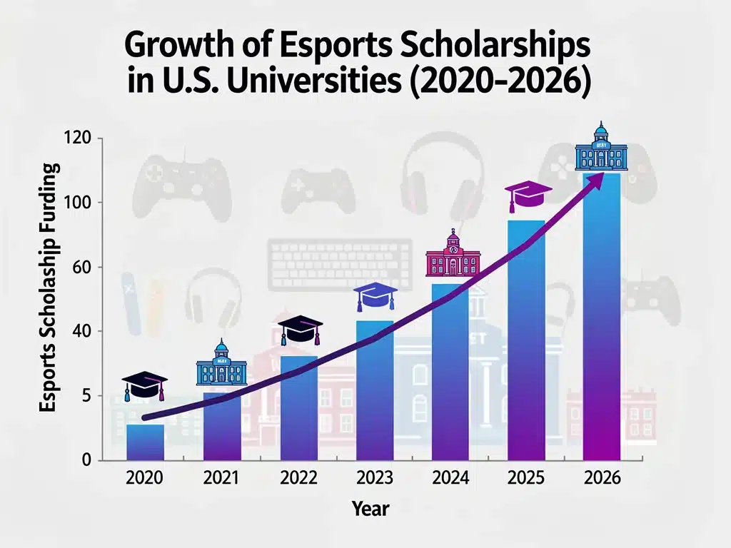 Infographic showing growth of US collegiate esports scholarships and diverse game support.