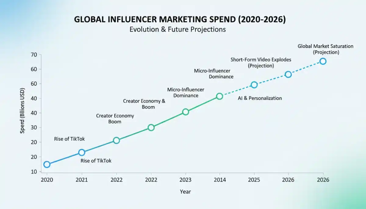 Growth chart depicting the significant rise in influencer marketing investment from 2020 to projected figures for 2026, emphasizing the financial impact.