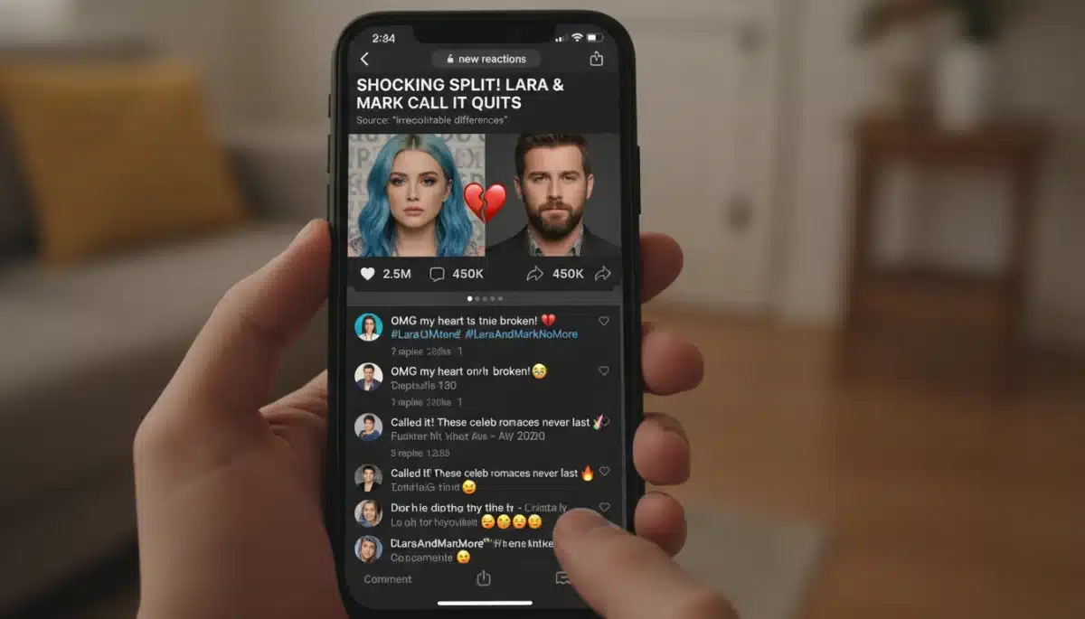 Social media post on a smartphone about a trending celebrity breakup with comments
