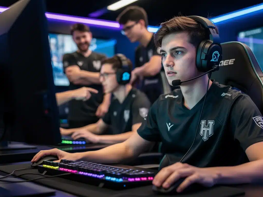 Student gamer focused on screen during collegiate esports practice, teamwork emphasized.