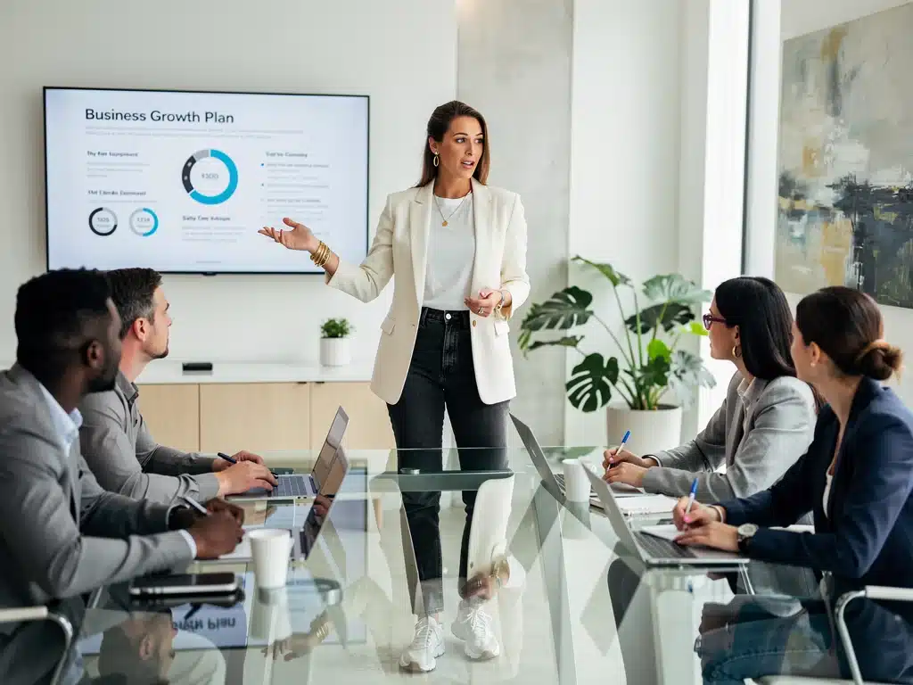Supermodel discussing business in a modern office, showcasing entrepreneurial spirit.