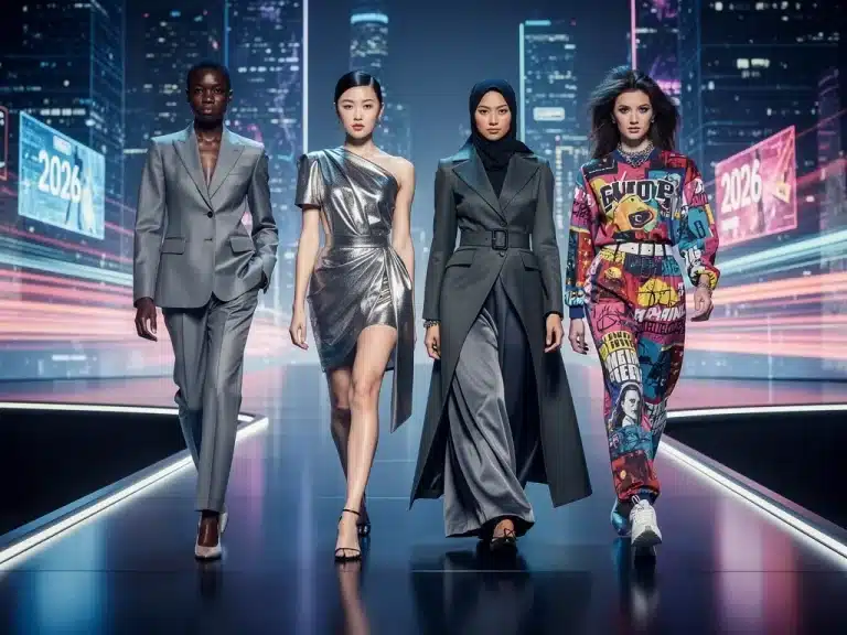 Four supermodels on a futuristic runway, representing their unseen lives in 2026.