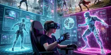 Futuristic gamer interacting with AI-driven virtual world in US gaming