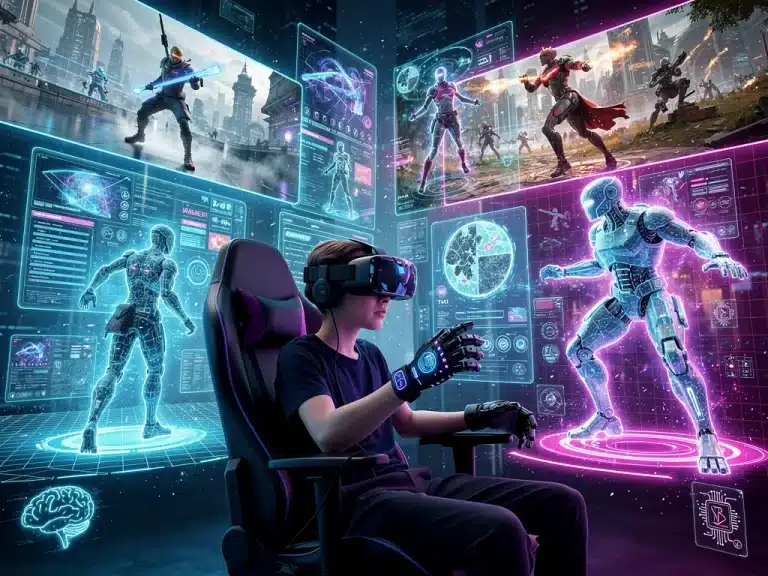 Futuristic gamer interacting with AI-driven virtual world in US gaming