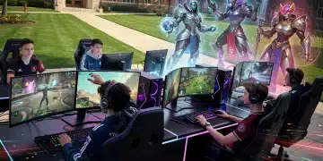 College students competing in esports games on campus with scholarship banners