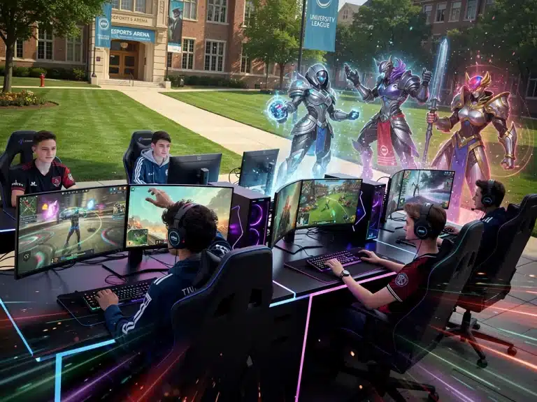 College students competing in esports games on campus with scholarship banners