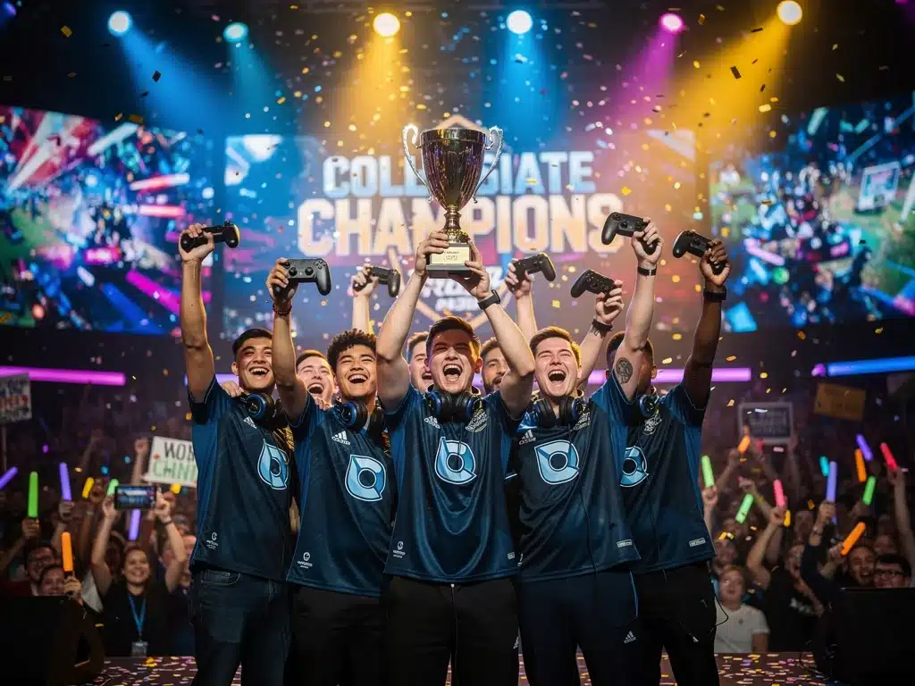 College esports team celebrating victory at a campus tournament